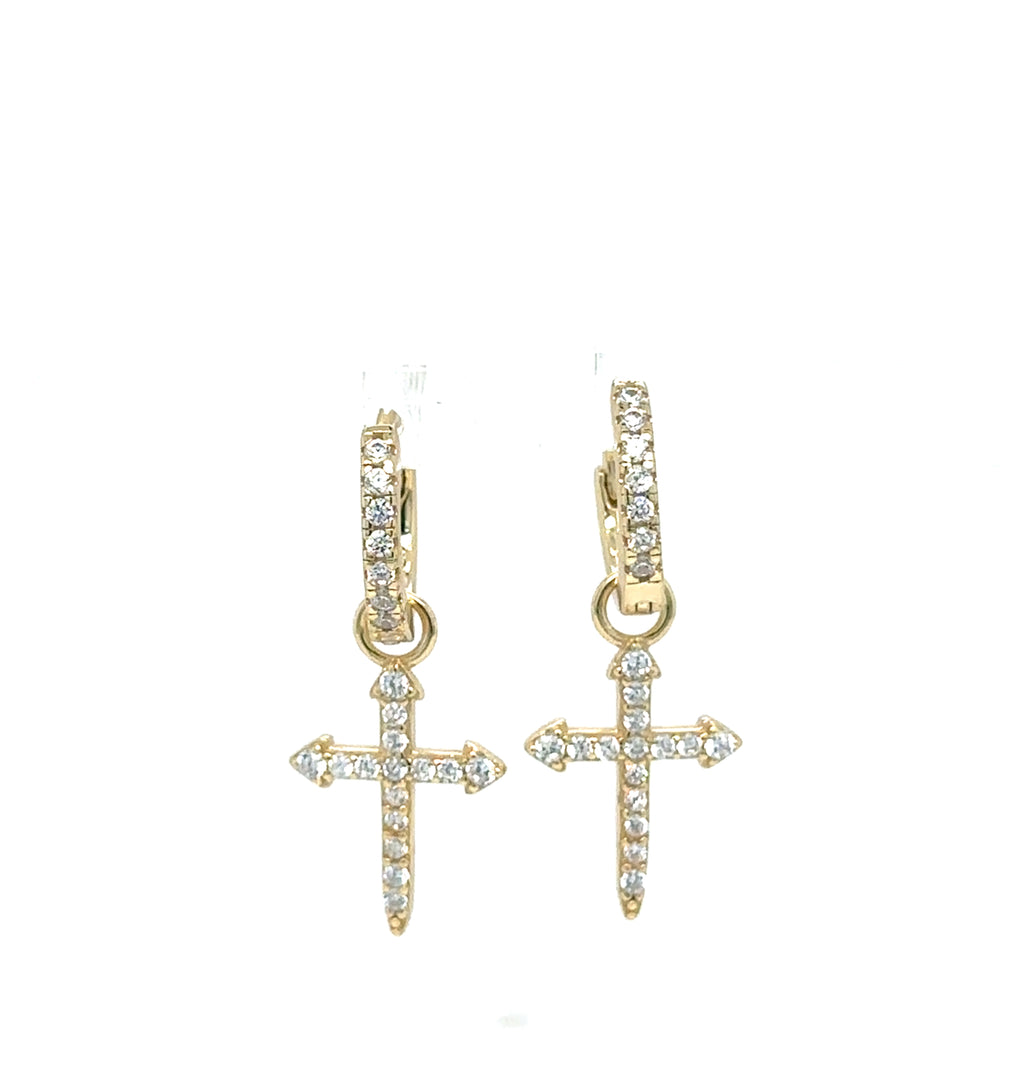 Gold Plated Sterling Silver Cross Hoop Earrings with Cubic Zirconia-Huggie Hoops image 0