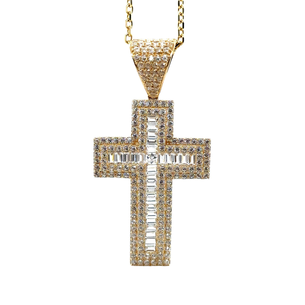 14K Solid Gold Cross Pendant - Cubic Zirconia Baguette Gold Crucifix Pendant - U image 1