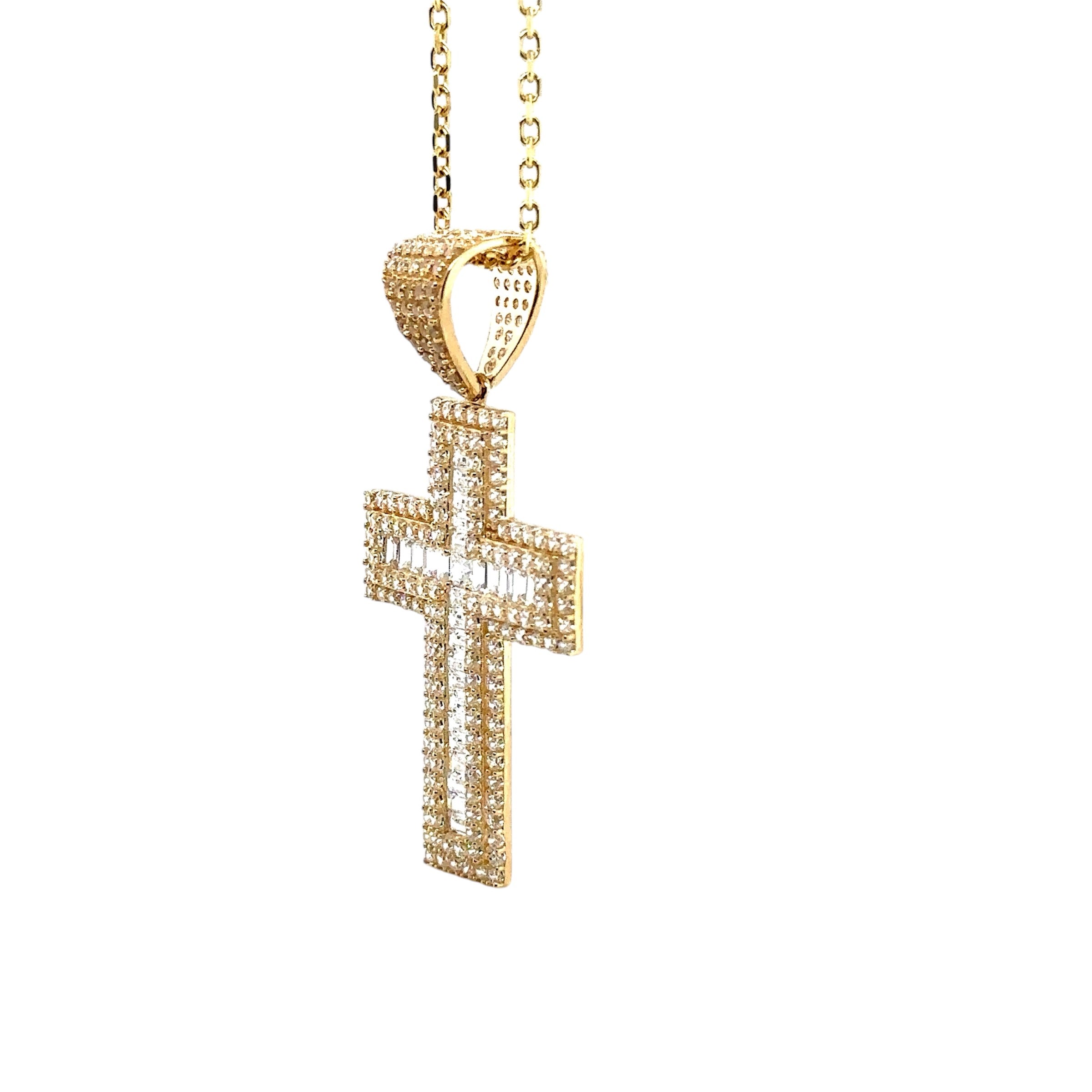 14K Solid Gold Cross Pendant - Cubic Zirconia Baguette Gold Crucifix Pendant - U image 3