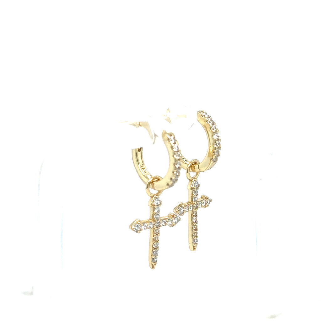 Gold Plated Sterling Silver Cross Hoop Earrings with Cubic Zirconia-Huggie Hoops image 1